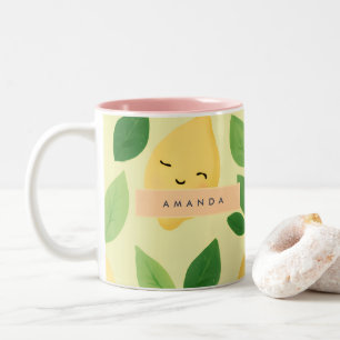 Personalized Pastel Cute Smiling Lemon Pattern Two-Tone Coffee Mug
