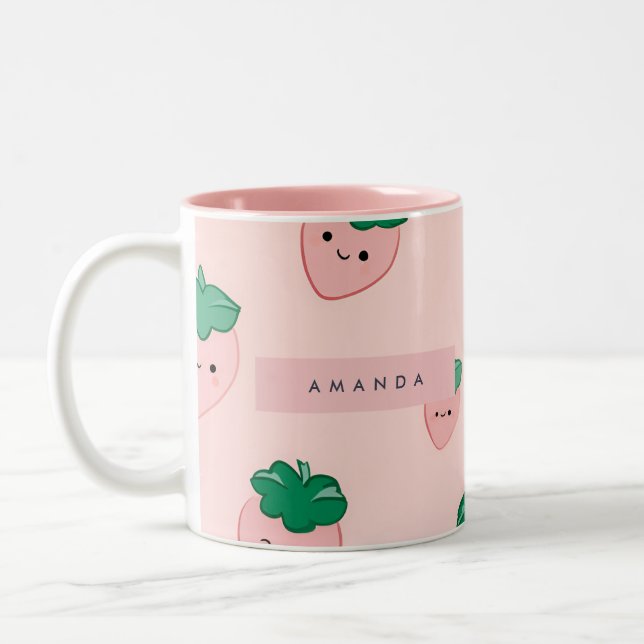 Personalized Pastel Cute Strawberry Pattern  Two-Tone Coffee Mug (Left)