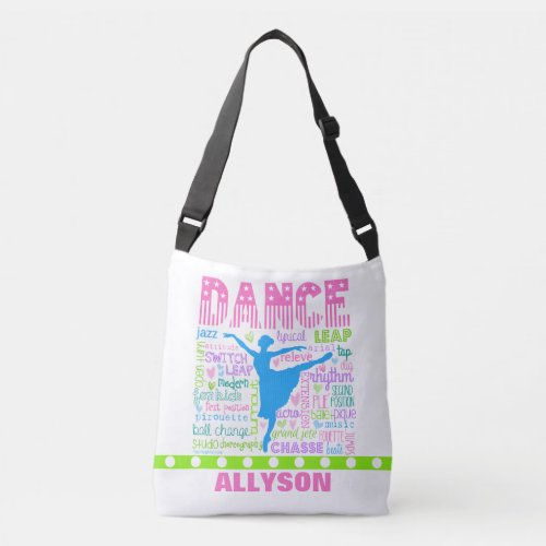 Personalized Pastel Dancer Words Typography Crossbody Bag