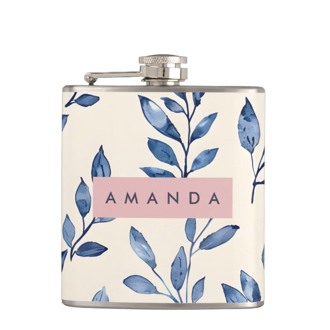 Personalized Pastel Elegant Blue Leaf  Flask (Front)