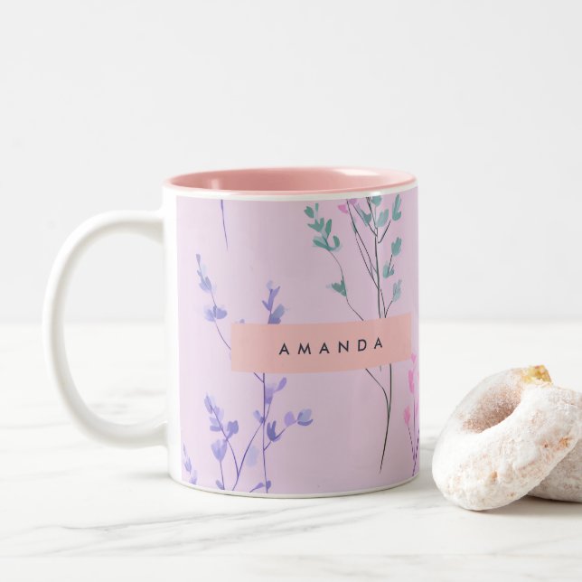 Personalized Pastel Floral, Elegant  Two-Tone Coffee Mug (With Donut)