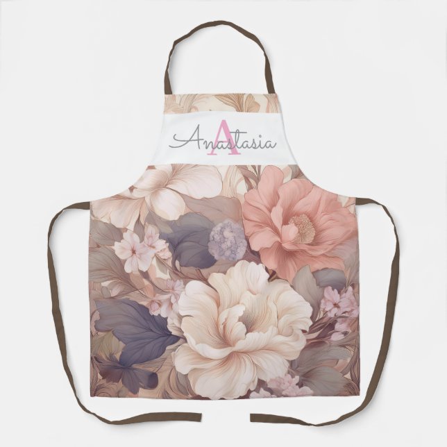 Personalized Pastel Floral with Name & Monogram Apron (Front)