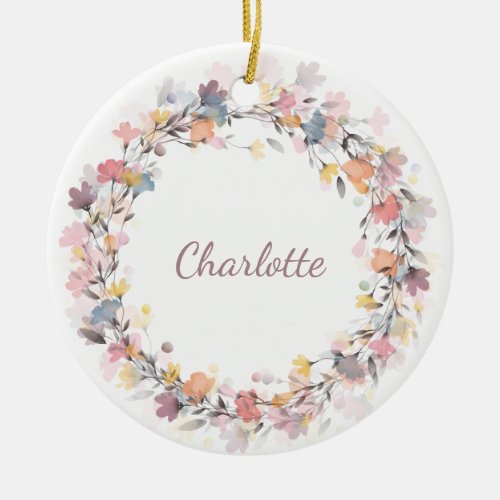 Personalized Pastel Floral Wreath Name Christmas Ceramic Ornament