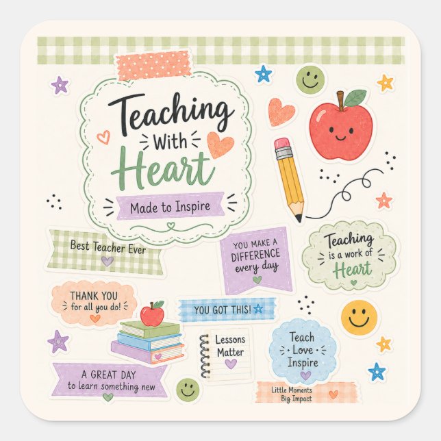 Personalized Pastel Gingham Teaching With Heart  Square Sticker (Front)