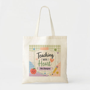 Personalized Pastel Gingham Teaching With Heart Tote Bag