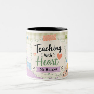 Personalized Pastel Gingham Teaching With Heart Two-Tone Coffee Mug