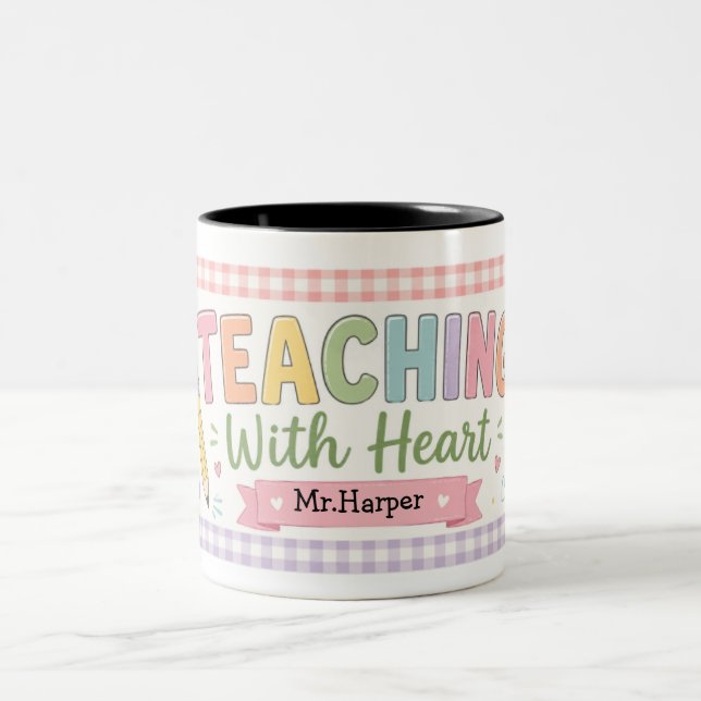  Personalized Pastel Gingham Teaching With Heart Two-Tone Coffee Mug (Center)