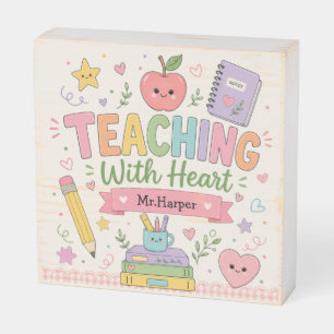 Personalized Pastel Gingham Teaching With Heart Wooden Box Sign