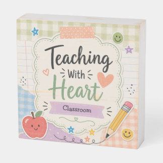 Personalized Pastel Gingham Teaching With Heart Wooden Box Sign