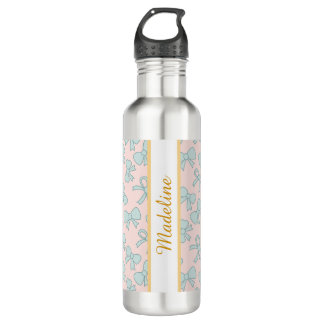 Personalized Pastel Girly Cute Bow Name Blue Pink Stainless Steel Water Bottle