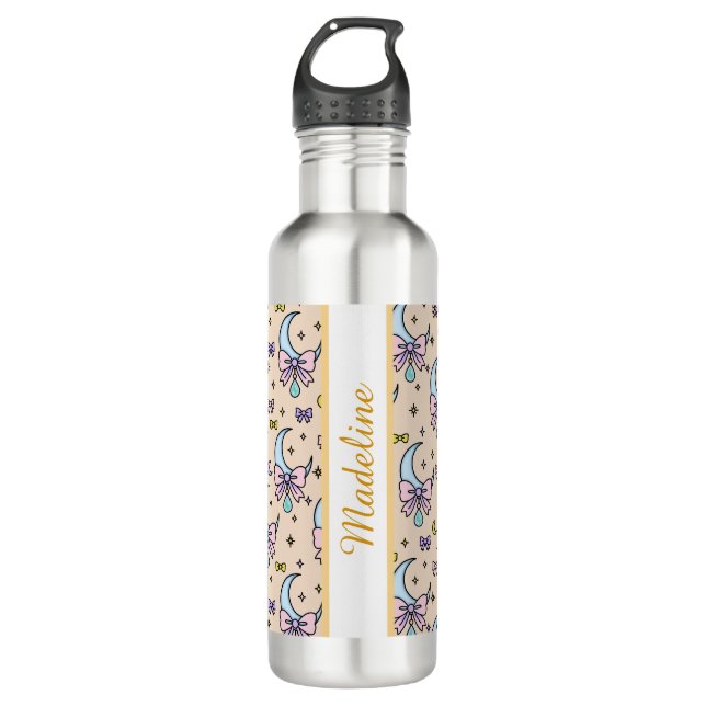 Personalized Pastel Girly Cute Bow Name Peach Moon Stainless Steel Water Bottle (Front)