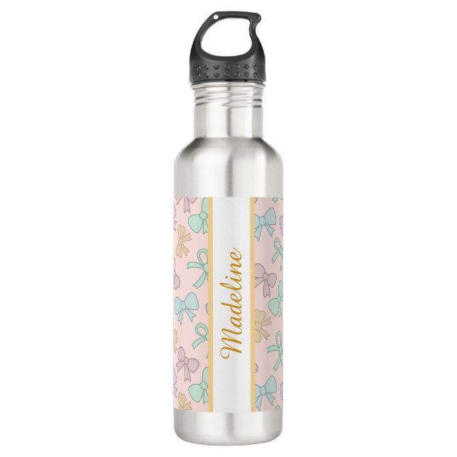 Personalized Pastel Girly Pink Bow Name Pastel Stainless Steel Water Bottle (Front)