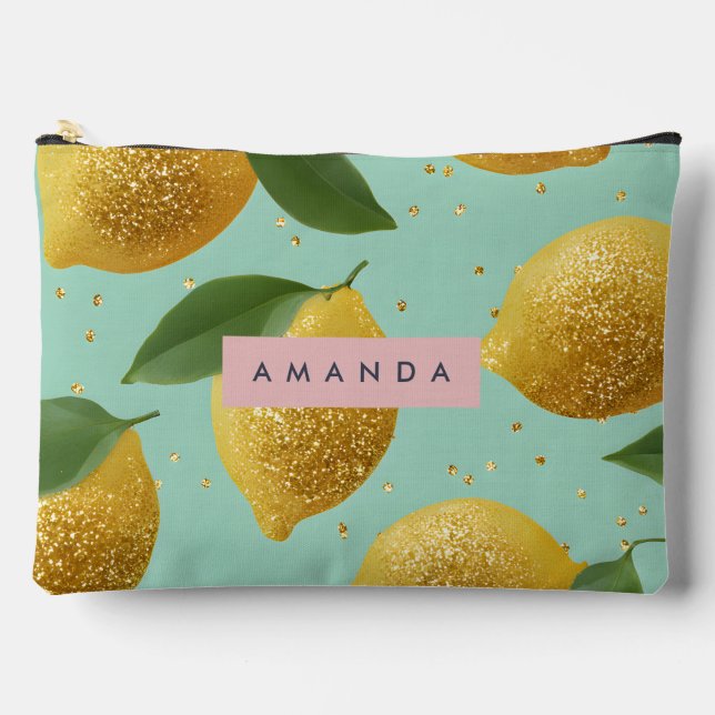 Personalized Pastel Glitter Lemon Style Accessory Pouch (Front)