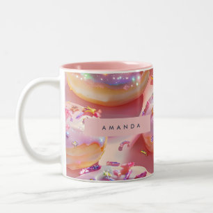 Personalized Pastel Glittering Pink Donut Dream Two-Tone Coffee Mug