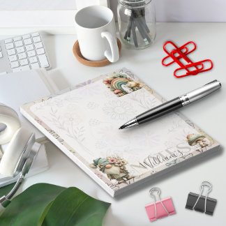 Personalized Pastel Gnome & Mushroom Floral Spring Notepad