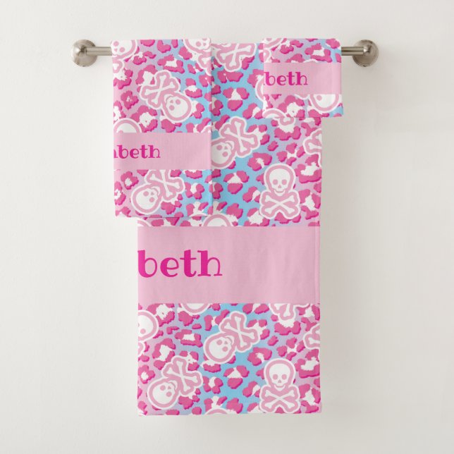 Personalized Pastel Goth Leopard Print Jolly Roger Bath Towel Set (Insitu)
