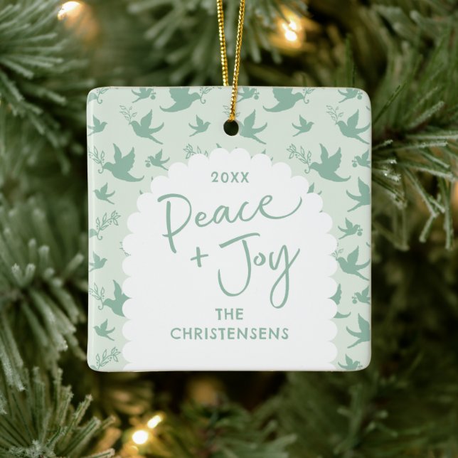 Personalized Pastel Green Peace + Joy Ceramic Ornament (Tree)