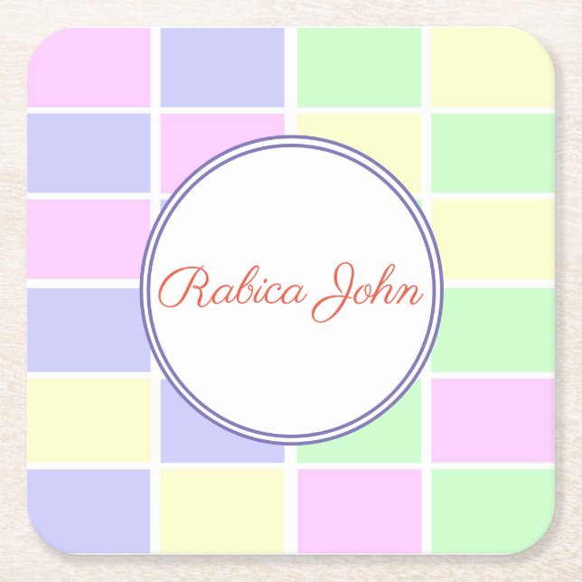 Personalized Pastel Grid Name | Custom Party Drink Square Paper Coaster (Front)