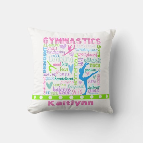 Personalized Pastel Gymnastics Words Typography Throw Pillow