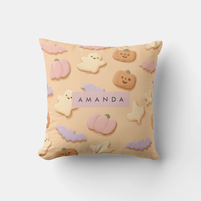Personalized Pastel Halloween Cookie Ghost Bat Throw Pillow (Front)