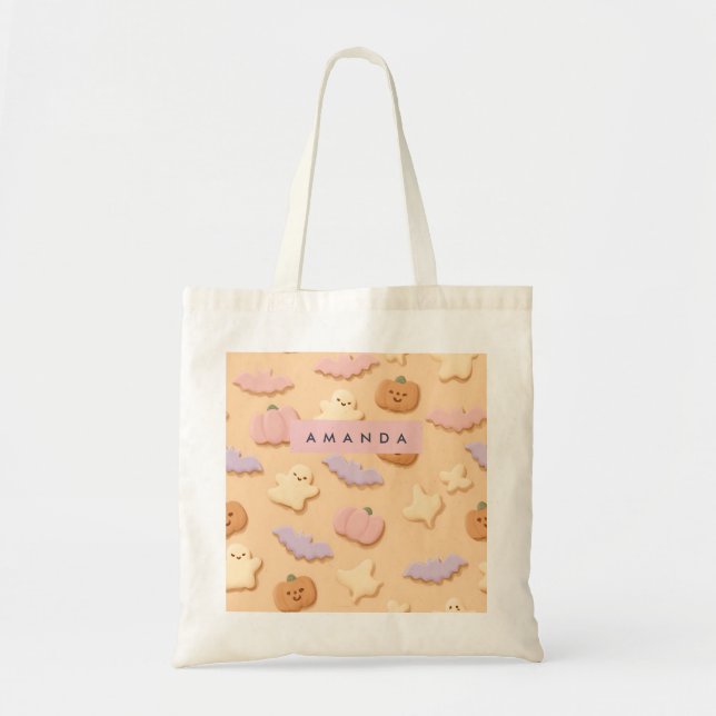 Personalized Pastel Halloween Cookie Ghost Bat Tote Bag (Front)