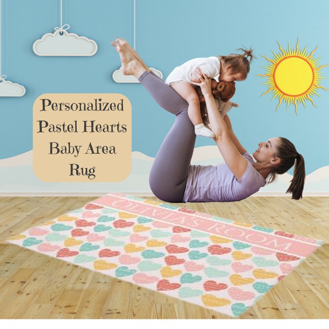 Personalized Pastel Hearts Newborn Room Rug (Personalized Pastel Hearts Baby Pattern Rug)