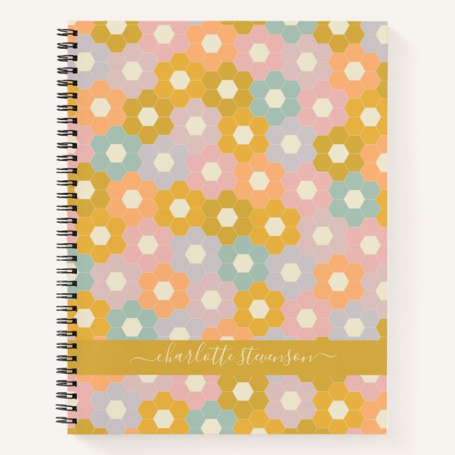 Personalized Pastel Honeycomb Floral Pattern Name Notebook (Front)