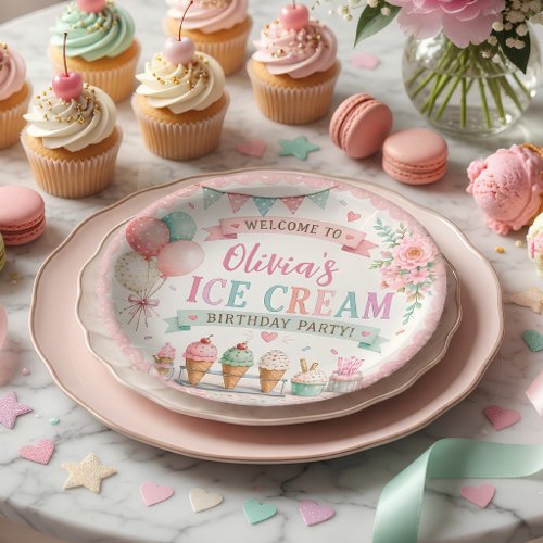 Personalized Pastel Ice Cream Birthday  Paper Plates