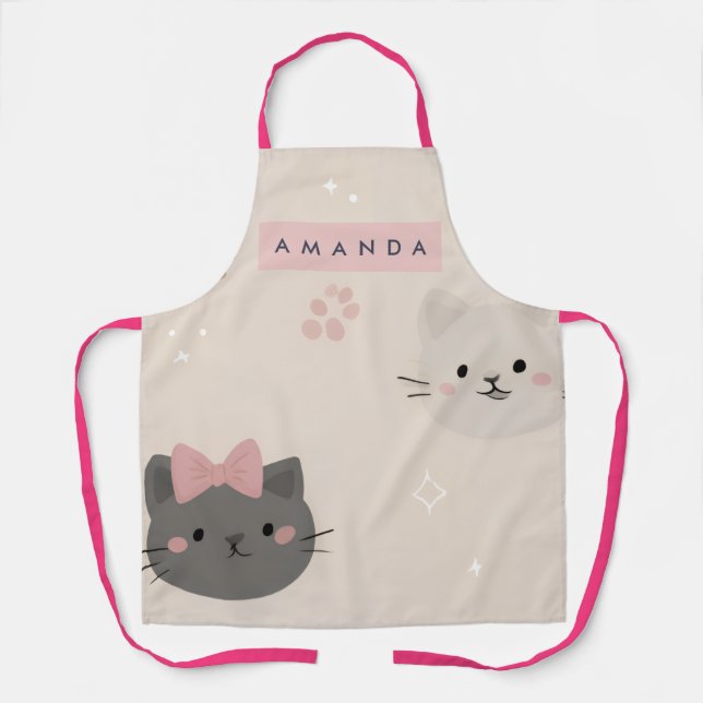 Personalized Pastel Kawaii Cat Face Pattern Apron (Front)