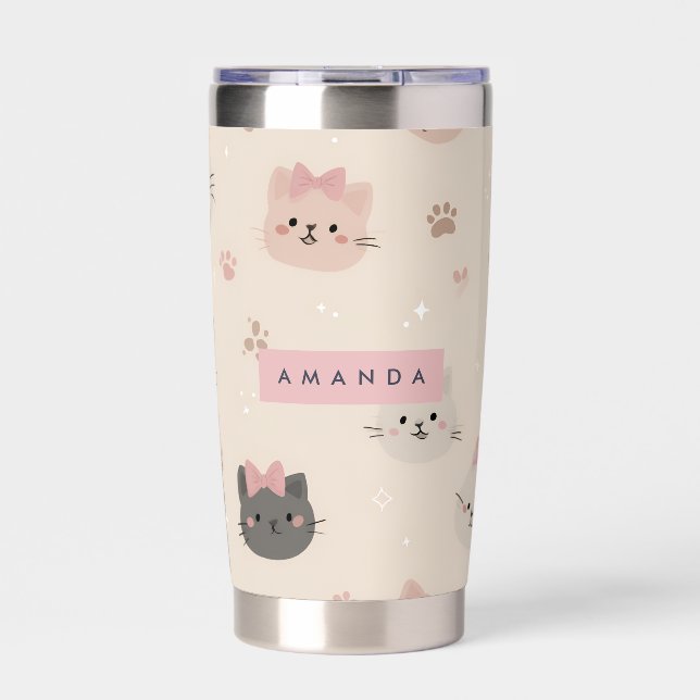 Personalized Pastel Kawaii Cat Face Pattern Insulated Tumbler (Front)