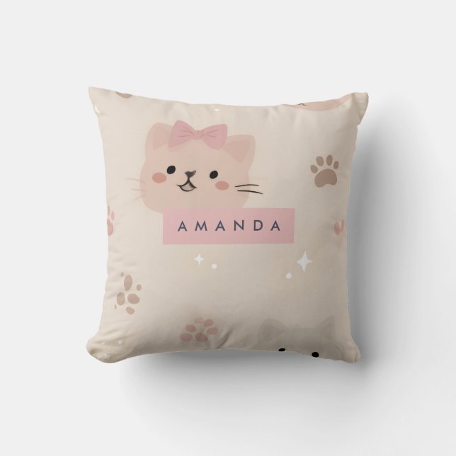 Personalized Pastel Kawaii Cat Face Pattern Throw Pillow (Front)