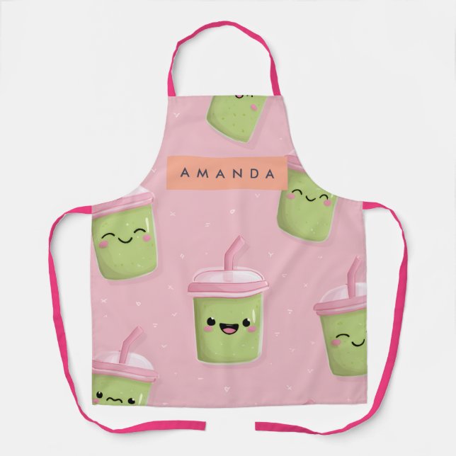 Personalized Pastel Kawaii Matcha Milk Tea Apron (Front)