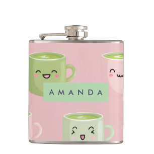 Personalized Pastel Kawaii Matcha Tea Pattern Flask