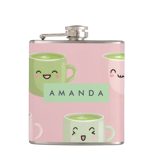 Personalized Pastel Kawaii Matcha Tea Pattern Flask (Front)