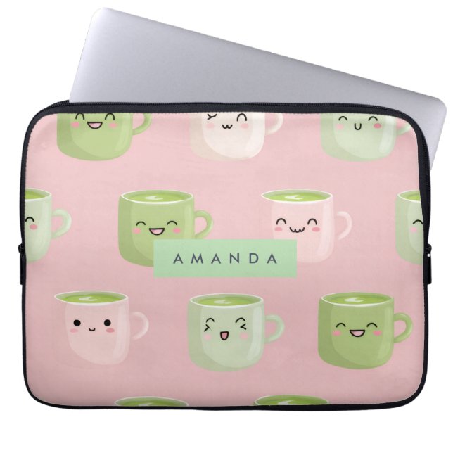 Personalized Pastel Kawaii Matcha Tea Pattern Laptop Sleeve (Front)