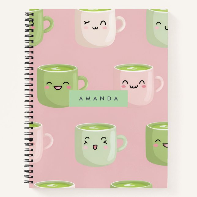 Personalized Pastel Kawaii Matcha Tea Pattern Notebook (Front)