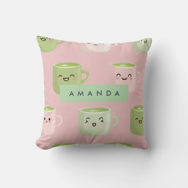 Personalized Pastel Kawaii Matcha Tea Pattern Throw Pillow (Front)