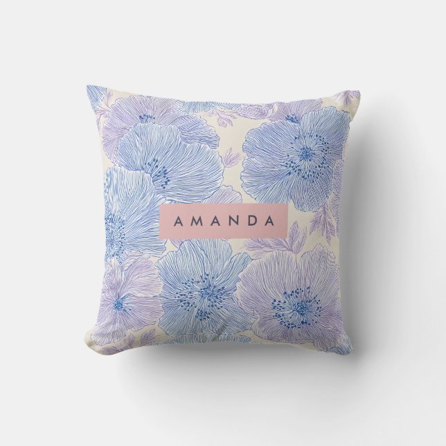 Personalized Pastel Lavender and Blue Blooms Throw Pillow (Front)