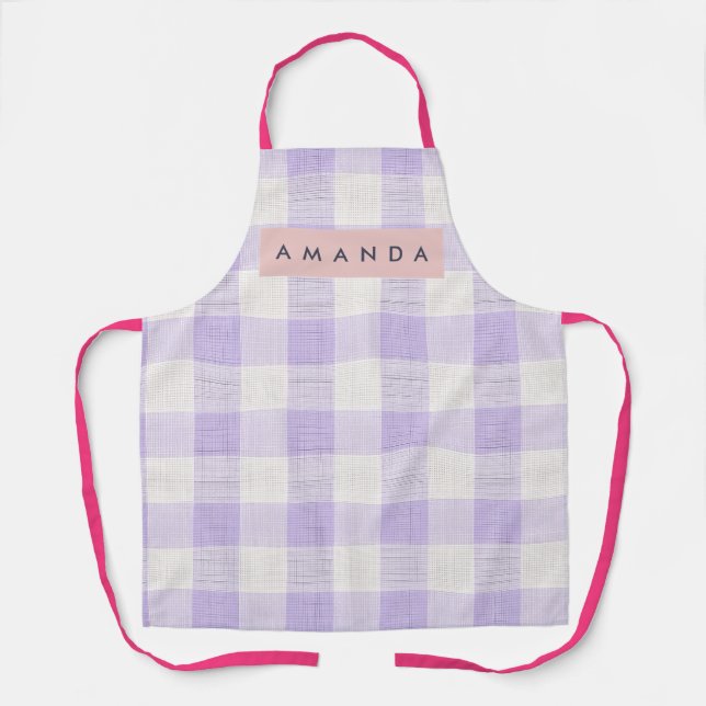 Personalized Pastel Lavender Gingham Plaid Apron (Front)