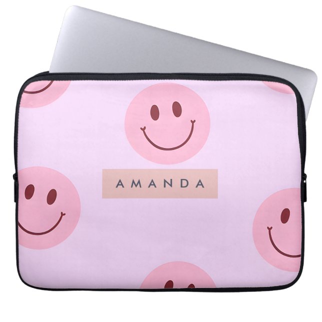 Personalized Pastel Lavender & Pink Smiley Face Laptop Sleeve (Front)