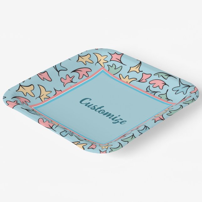 Personalized Pastel Leaves Blue Paper Plates (Angled)