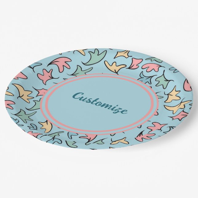 Personalized Pastel Leaves Blue Paper Plates (Angled)