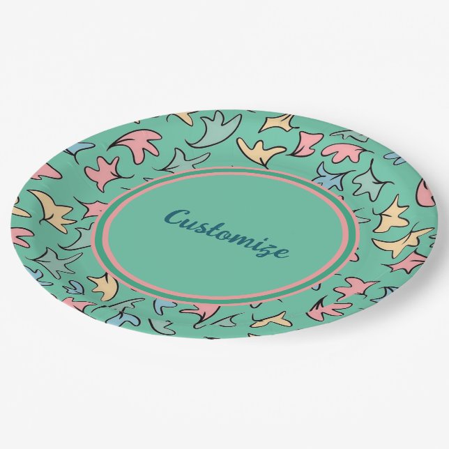 Personalized Pastel Leaves Green Paper Plates (Angled)