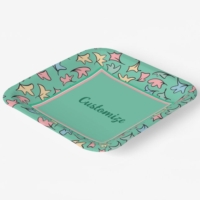 Personalized Pastel Leaves Green Paper Plates (Angled)