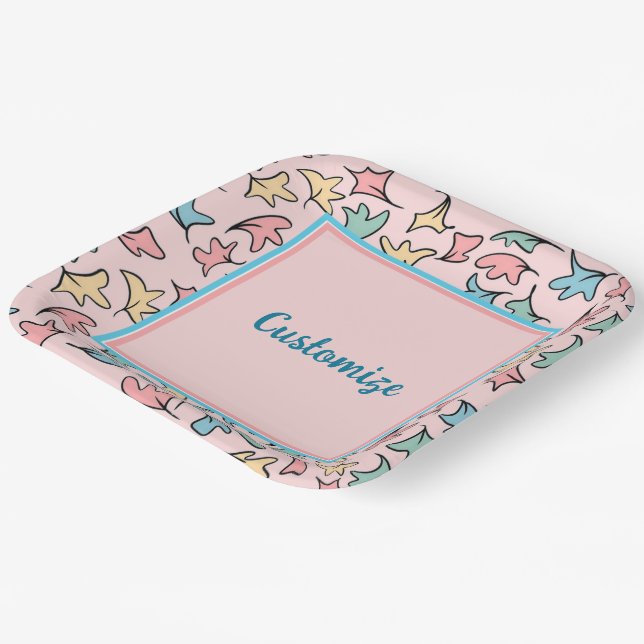 Personalized Pastel Leaves Pink Paper Plates (Angled)
