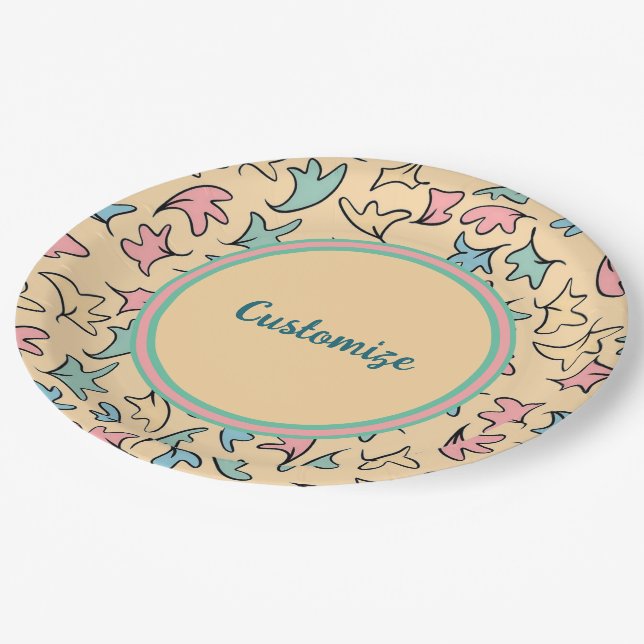 Personalized Pastel Leaves Yellow Paper Plates (Angled)