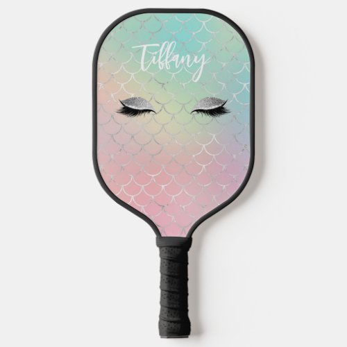 Personalized Pastel Mermaid Silver Glitter Eyes Pickleball Paddle