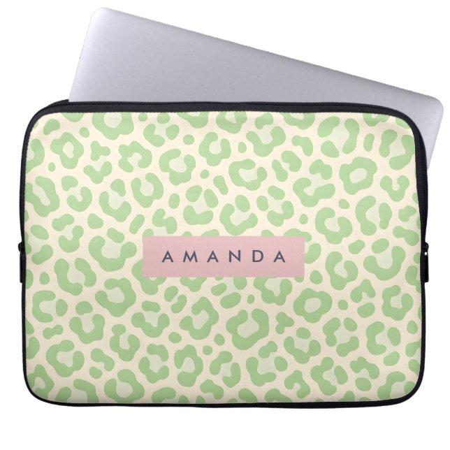 Personalized Pastel Mint Green Leopard Print Laptop Sleeve (Front)