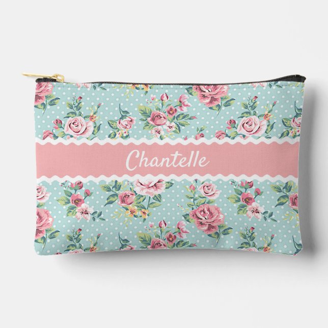 Personalized Pastel Mint Green Pink Roses Art Accessory Pouch (Front)