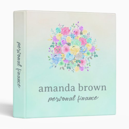 Personalized Pastel Ombre Blue Watercolor Flowers 3 Ring Binder